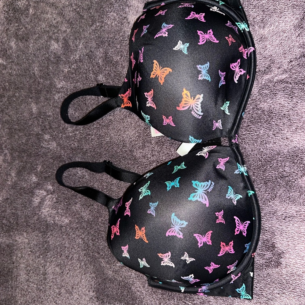 PINK Victoria's Secret Black Bra with Colorful Butterfly Print